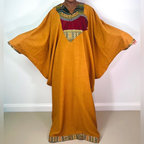 Handmade Burnt Yellow Dashiki Detail Maxi Kaftan Oversized Dress - Picture 10 of 12